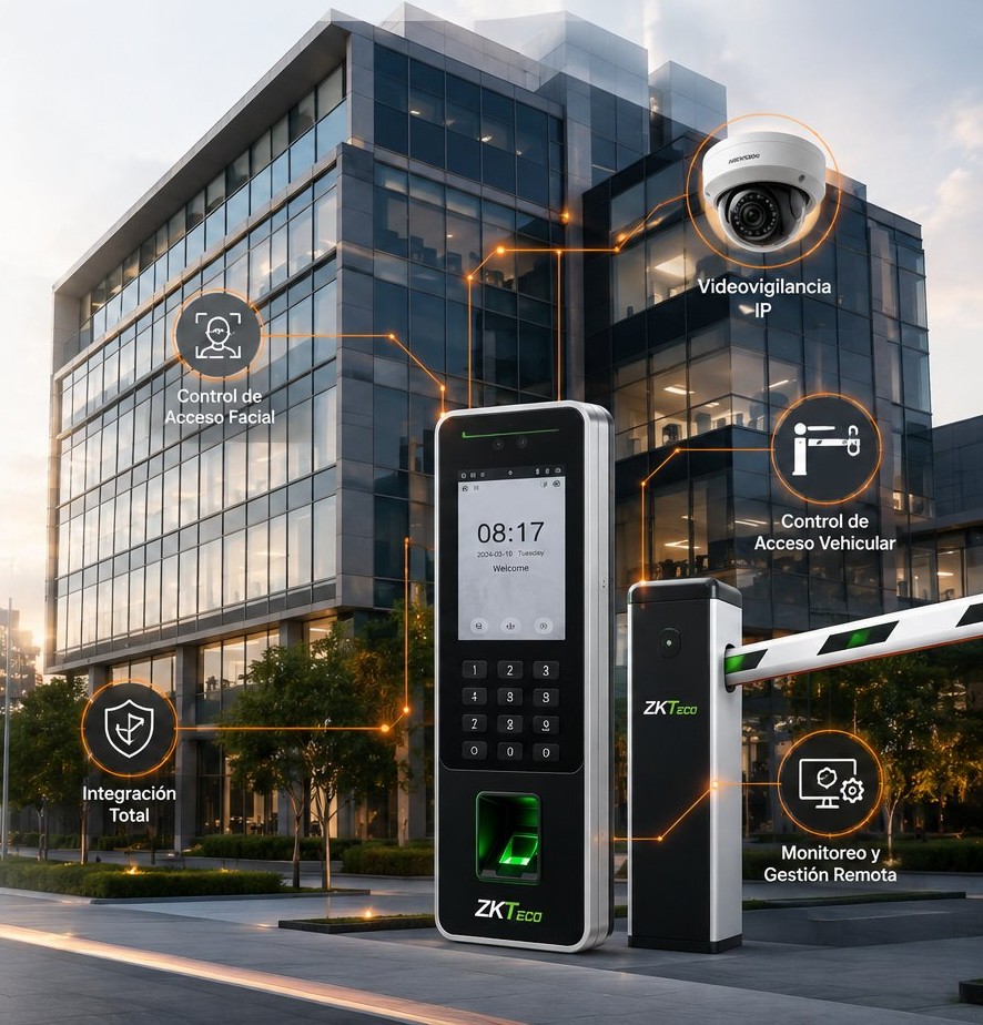 Equipo de control de acceso facial ZKTeco SpeedFace y talanquera vehicular instalados en la entrada de un edificio corporativo, con cámara de videovigilancia IP